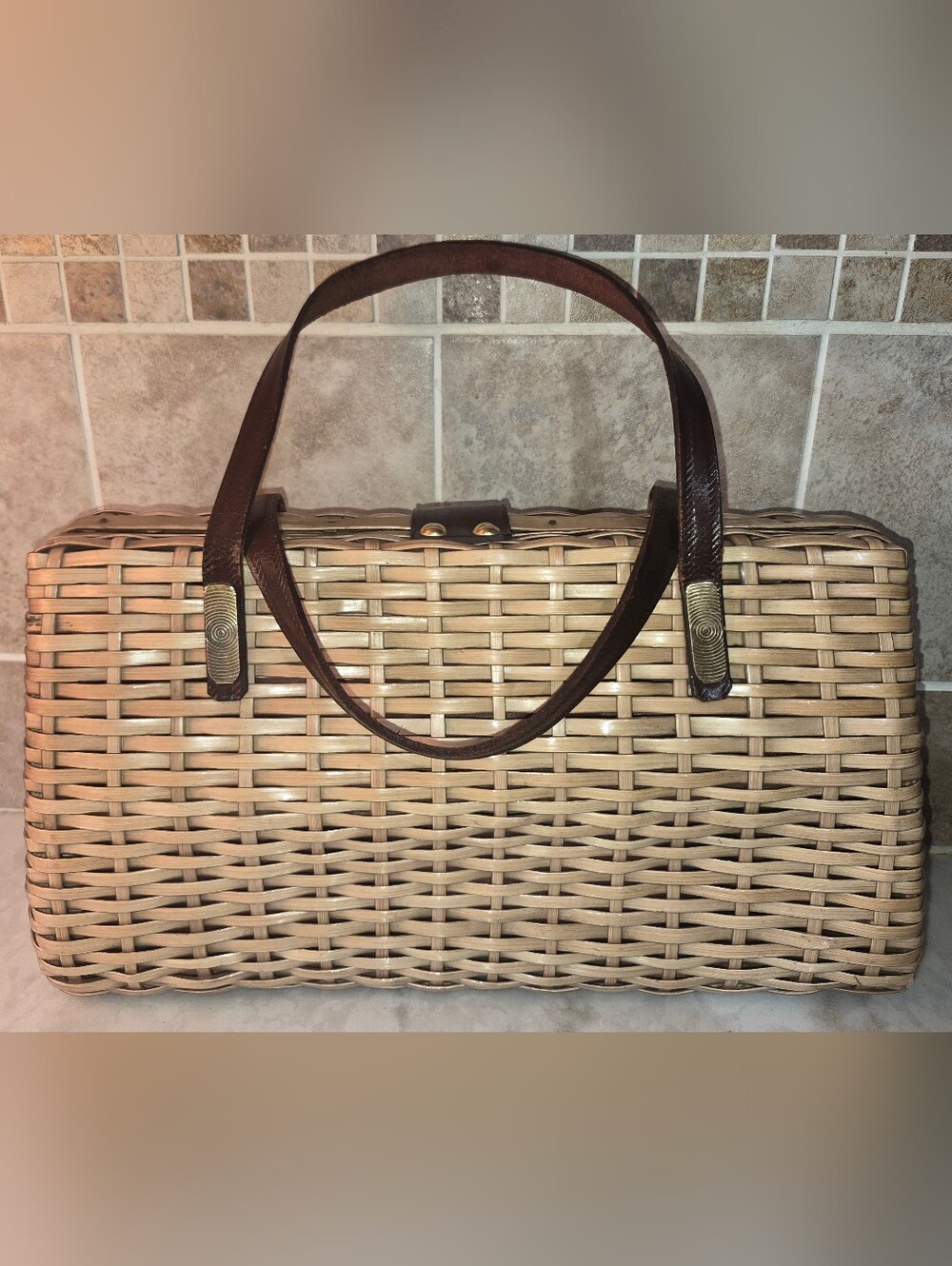 Vintage Handmade Basket Wicker & Leather Purse ,1950s-1960s, Made In Hong Kong - Picture 3 of 8
